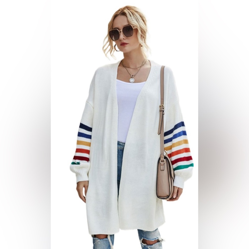 Women's White Bat Wing Sleeve Cardigan with Multicolor Stripes